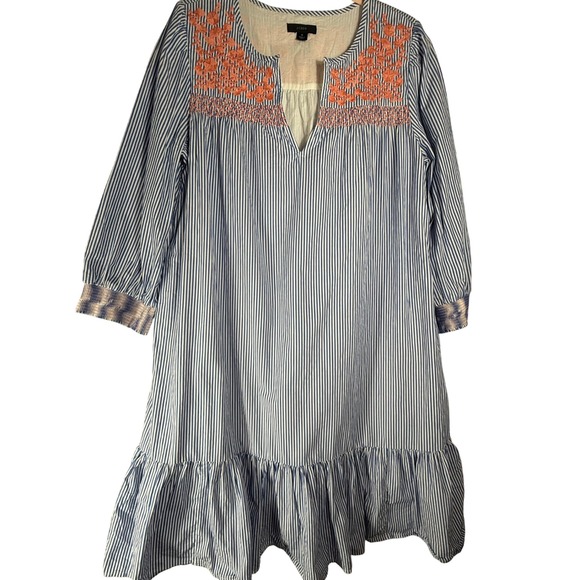 J.Crew Dresses & Skirts - J.Crew Leda Blue White Striped Embroidered Ruffle Hem Tunic Dress  Women's Small